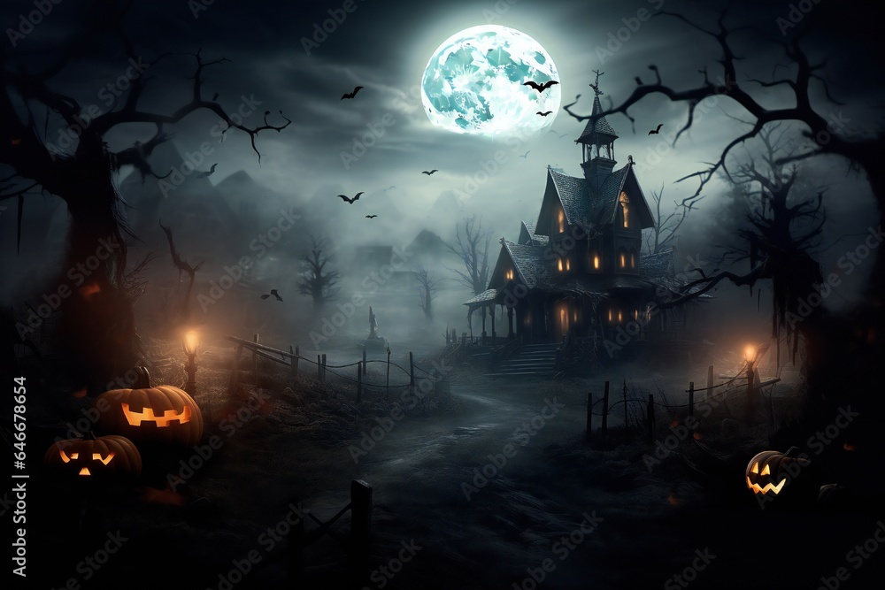 Haunted spooky Halloween house with bats and soft mist, pumpkins scattered around, with empty copy space Generative AI Haunted spooky Halloween house with bats and soft mist, pumpkins scattered around, with empty copy space Generative AI