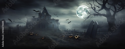 Haunted spooky Halloween house with bats and soft mist, pumpkins scattered around, with empty copy space Generative AI