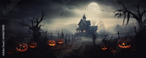 Haunted spooky Halloween house with bats and soft mist, pumpkins scattered around, with empty copy space Generative AI © LayerAce.com
