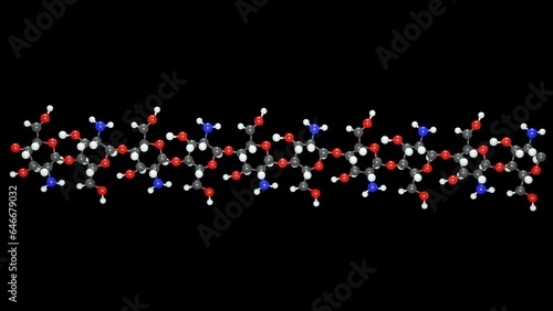 isolated Chitin molecule in the black background. chitin is a long-chain polymer of N-acetylglucosamine molecules from polysaccharides family 3d rendering photo
