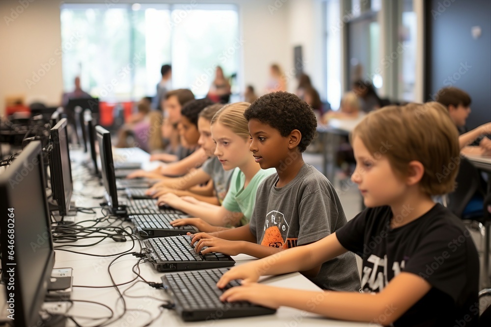 In a coding classroom, kids explore the world of computer-based learning, acquiring coding skills.
In a coding classroom, kids explore the world of computer-based learning, acquiring coding skills.