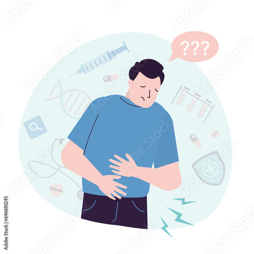 Caucasian man with symptom of pain in region of stomach, belly. Design ideal for medical and educational materials. Male character with severe abdominal pain,