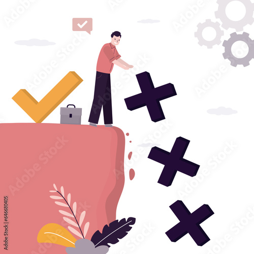 Confident businessman throws bad luck crosses into abyss. Overcoming obstacles, moving towards success. Learning from mistakes, motivation to develop and move to success.