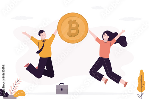 Happy investors hold bitcoin. Businesspeople rejoice at growth of cryptocurrency rate. People celebrate successful cryptocurrency trades. Blockchain technology, digital coin,