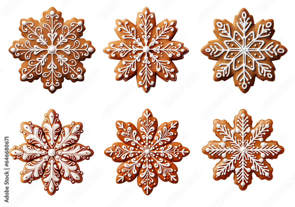 set of gingerbread cookies with white icing in the shape of a snowflake on transparent. Christmas gingerbread set of gingerbread cookies with white icing in the shape of a snowflake on transparent. Christmas gingerbread