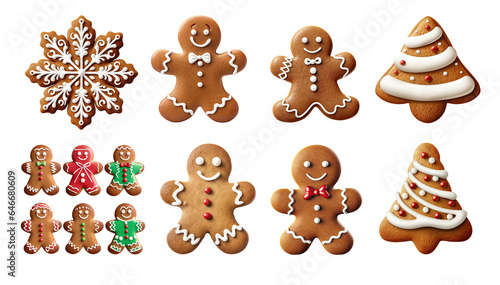 set of gingerbread cookies with the shape of a man, a snowflake and a Christmas tree with white icing on transparent. Christmas gingerbread