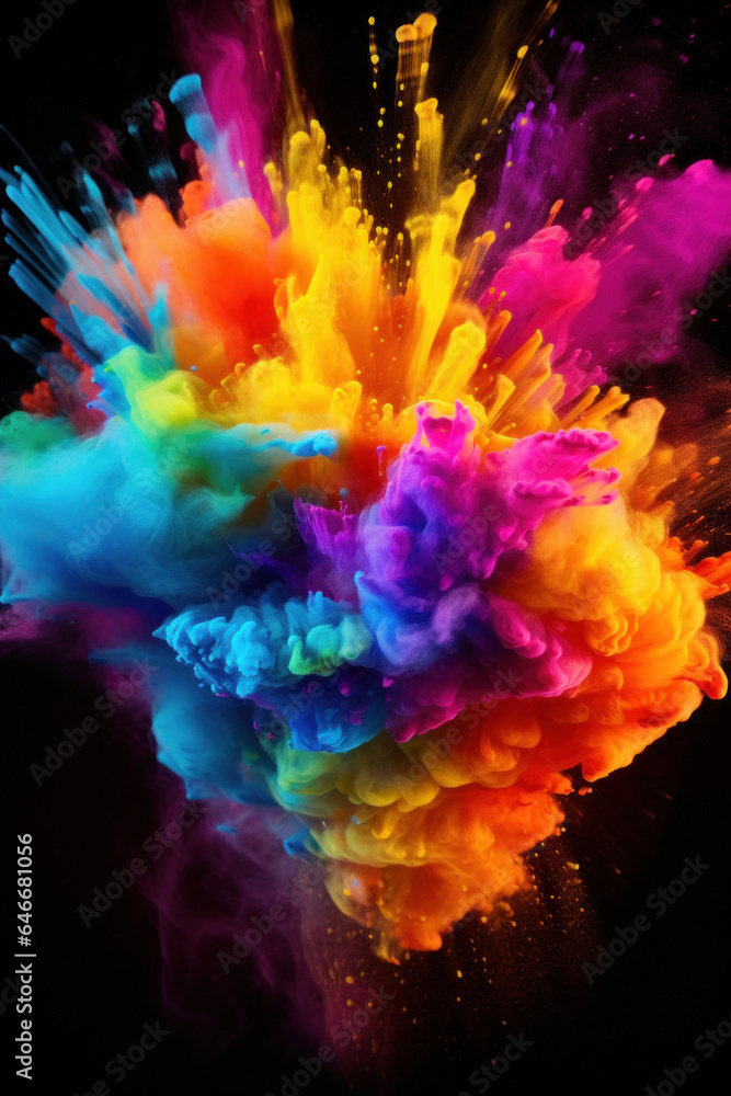 Colorful rainbow holi paint color. Powder explosion isolated on black background.