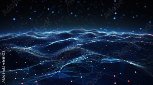 Data technology and communication futuristic illustration. Wave of bright particles. Technological 3D landscape. Big Data visualization. Network of dots connected by lines.