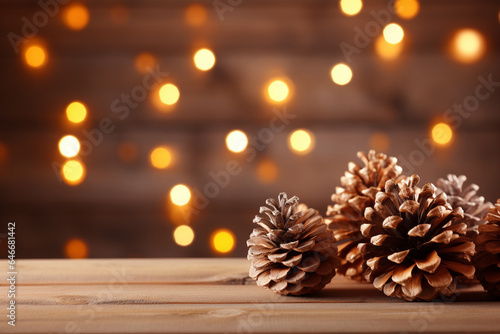 Many pine cones, little pine trees, pine leaves, Christmas balls, and fairy lights, Christmas garland and ornament decorations, on wood panel background with bokeh light. Generative AI.