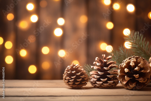 Many pine cones  little pine trees  pine leaves  Christmas balls  and fairy lights  Christmas garland and ornament decorations  on wood panel background with bokeh light. Generative AI.