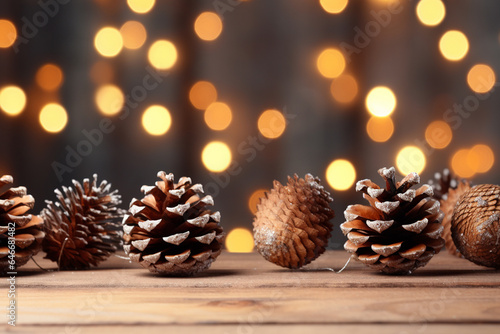 Many pine cones, little pine trees, pine leaves, Christmas balls, and fairy lights, Christmas garland and ornament decorations, on wood panel background with bokeh light. Generative AI.