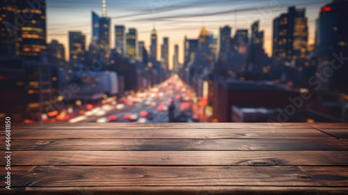 Blank wooden tabletop with a blurred city background