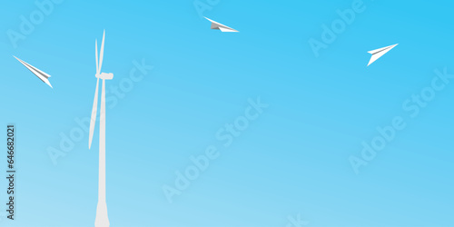 Paper planes on blue background. Symbol of purposefulness, daydreaming, faith in beautiful future. Launch of airplane made of paper. Origami, aircraft creation