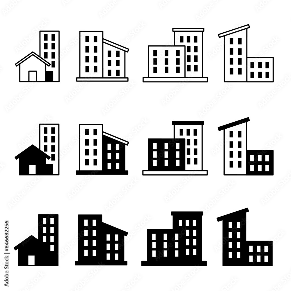 Building icon illustration collection. Black and white design icon for business. Stock vector.
