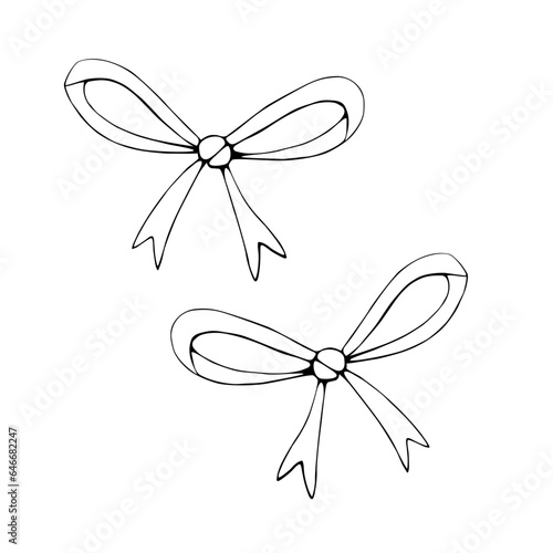 Set of vector outline bows, ribbons. Doodles, coloring book, hand drawn. Simple clip art for Easter xmas birthday Valentines Day, girls design