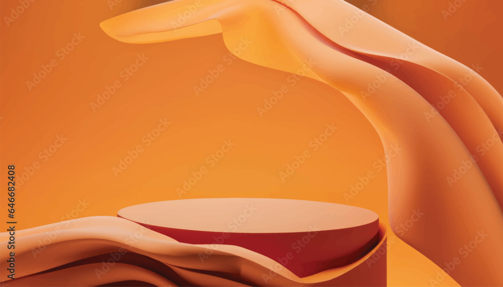 Background display orange podium, with wave flying cloth shape in motion. Nature wind. Beauty, cosmetic product presentation stand. Dark pedestal, branding mockup advertisement vector illustration. Background display orange podium, with wave flying cloth shape in motion. Nature wind. Beauty, cosmetic product presentation stand. Dark pedestal, branding mockup advertisement vector illustration.