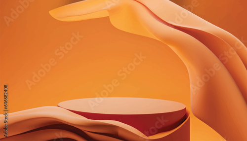 Background display orange podium, with wave flying cloth shape in motion. Nature wind. Beauty, cosmetic product presentation stand. Dark pedestal, branding mockup advertisement vector illustration.