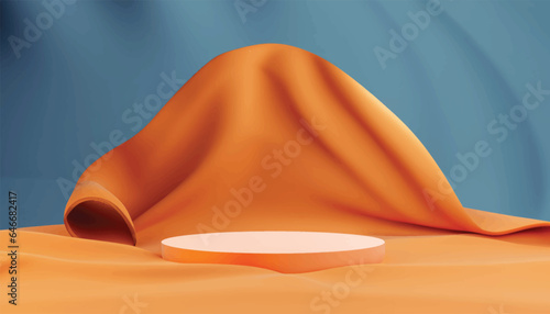 Background display orange podium  with wave flying cloth shape in motion. Nature wind. Beauty  cosmetic product presentation stand. Dark pedestal  branding mockup advertisement vector illustration.