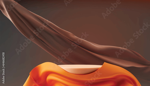 Background display orange podium, with wave flying cloth shape in motion. Nature wind. Beauty, cosmetic product presentation stand. Dark pedestal, branding mockup advertisement vector illustration.