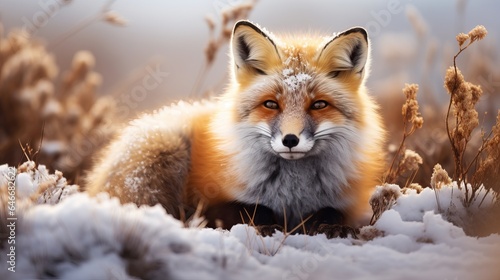 A fluffy red fox with brown eyes and fur lying on the snow in Gran Paradiso National Park during the winter © PhotoVibe