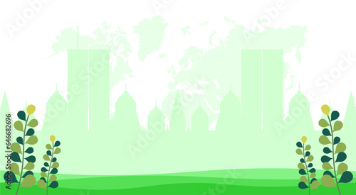 world habitat day with blank columns with world map and buildings background