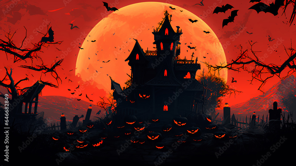 halloween, pumpkin, moon, night, vector, autumn, bat, tree, house, horror, holiday, silhouette, castle, dark, spooky, cartoon, illustration, scary, haunted, bats, Generated by AI