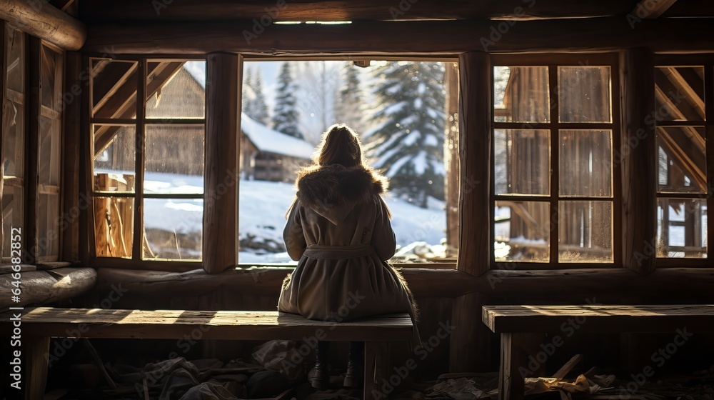 On a winter day in Monts Valin National Park, a woman in an outerwear outfit is sitting on a bench near the windows, looking out the window of a lumber hut in the Valley of the Spirits.