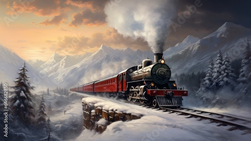a beautiful train and a wintery landscape