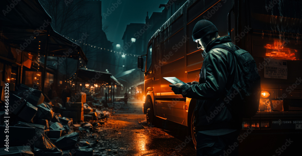 A man standing next to a truck on a street A man standing next to a truck on a street