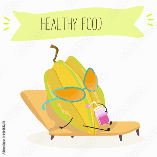 Vector cartoon character carambola, carom, funny vegetable, fruit. Farm fresh harvest, agriculture organic veggie or vegetarian food ripe product. 