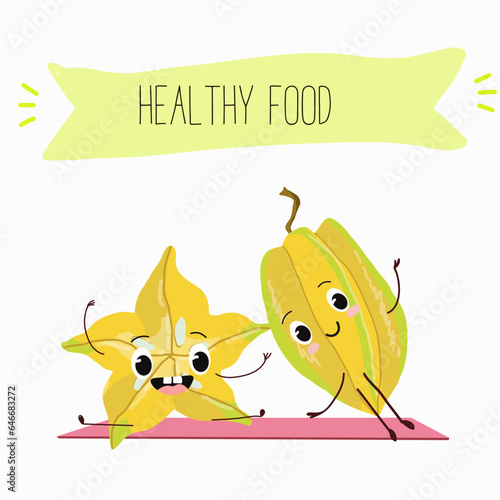 Vector cartoon character carambola, carom, funny vegetable, fruit. Farm fresh harvest, agriculture organic veggie or vegetarian food ripe product. 