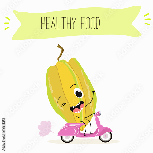 Vector cartoon character carambola, carom, funny vegetable, fruit. Farm fresh harvest, agriculture organic veggie or vegetarian food ripe product. 