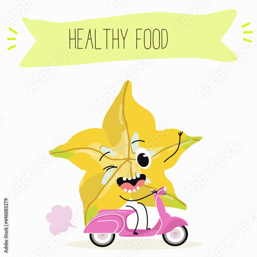 Vector cartoon character carambola, carom, funny vegetable, fruit. Farm fresh harvest, agriculture organic veggie or vegetarian food ripe product. 