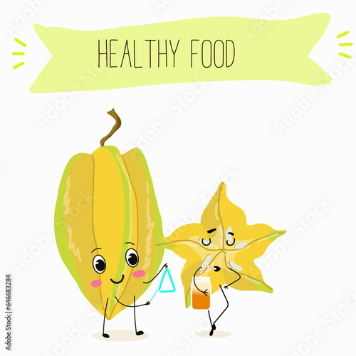 Vector cartoon character carambola, carom, funny vegetable, fruit. Farm fresh harvest, agriculture organic veggie or vegetarian food ripe product. 