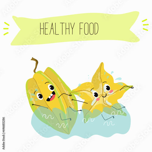 Vector cartoon character carambola, carom, funny vegetable, fruit. Farm fresh harvest, agriculture organic veggie or vegetarian food ripe product. 