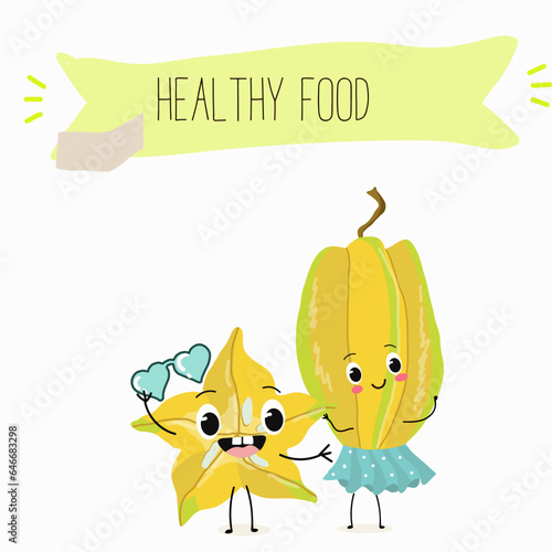 Vector cartoon character carambola, carom, funny vegetable, fruit. Farm fresh harvest, agriculture organic veggie or vegetarian food ripe product. 