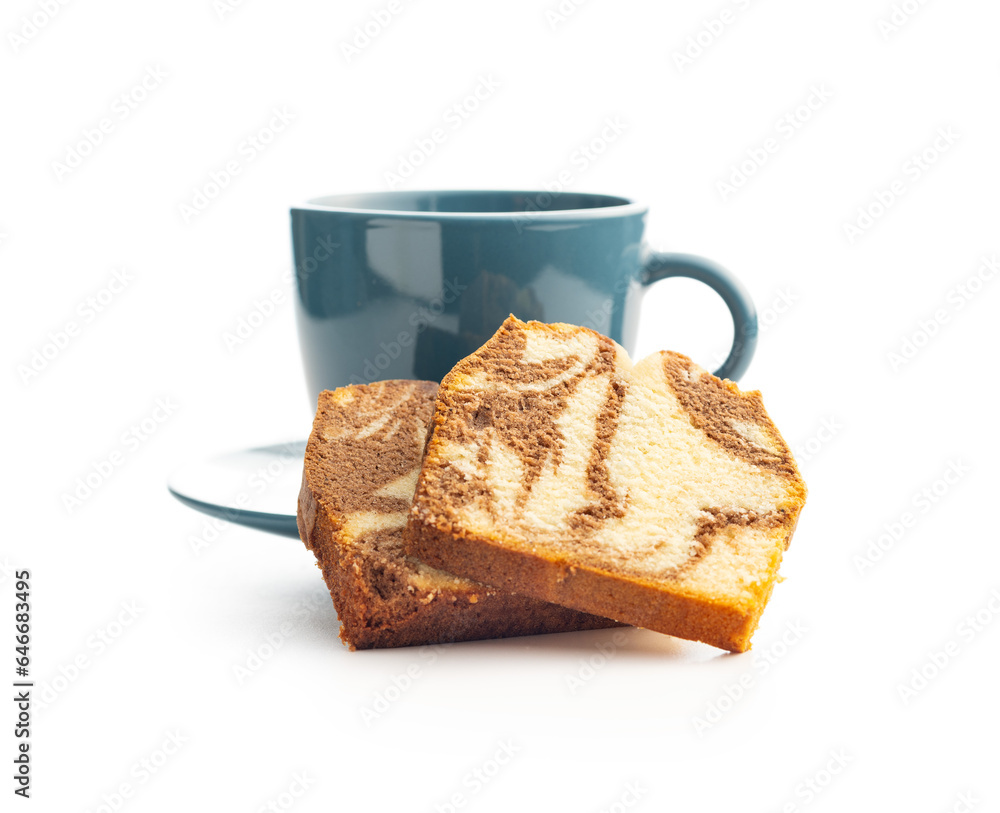 Marble sponge cake and coffee cup. Cake with cocoa and vanilla taste and isolated on white background. Marble sponge cake and coffee cup. Cake with cocoa and vanilla taste and isolated on white background.
