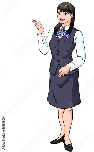 笑顔でご案内する受付の若い女性_全身斜め横