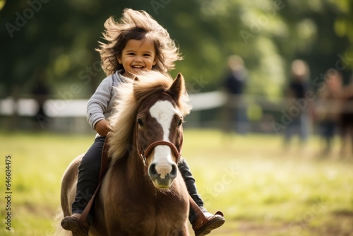 Little laughing girl riding pony.