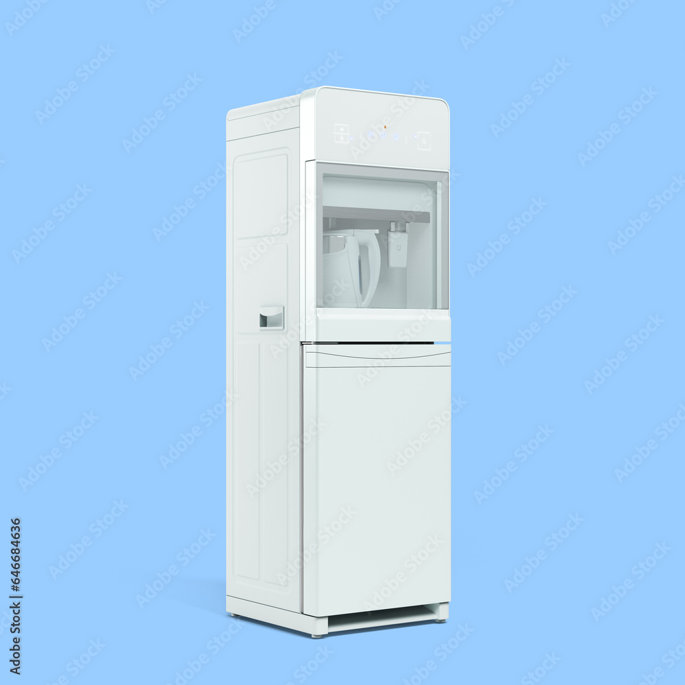 Modrn water cooler machine perspective view 3d render on blue Modrn water cooler machine perspective view 3d render on blue