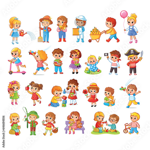 Collection of little cartoon children on white background. Big set of different cute kids enjoy playing.