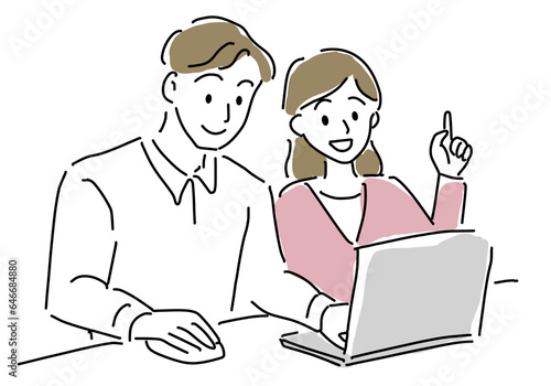 ノートパソコンで検索するカップルシンプル線画