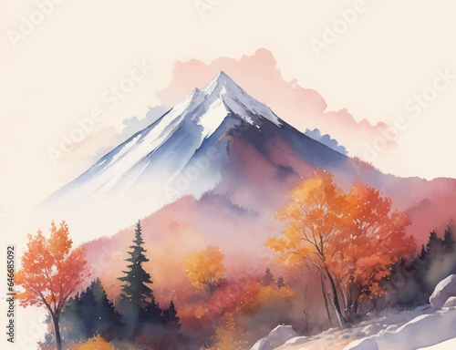 水彩で描いた秋の山の風景のイラスト Generative AI