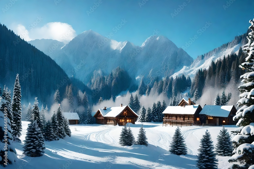 Santa's village surrounded by Christmas trees and snow