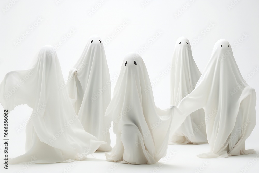 White Halloween ghosts isolated on white background Generative AI White Halloween ghosts isolated on white background Generative AI