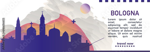 Italy Bologna city banner with abstract skyline, cityscape, landmarks and attractions. Emilia Romagna region town travel vector illustration for brochure, website, page, header, presentation