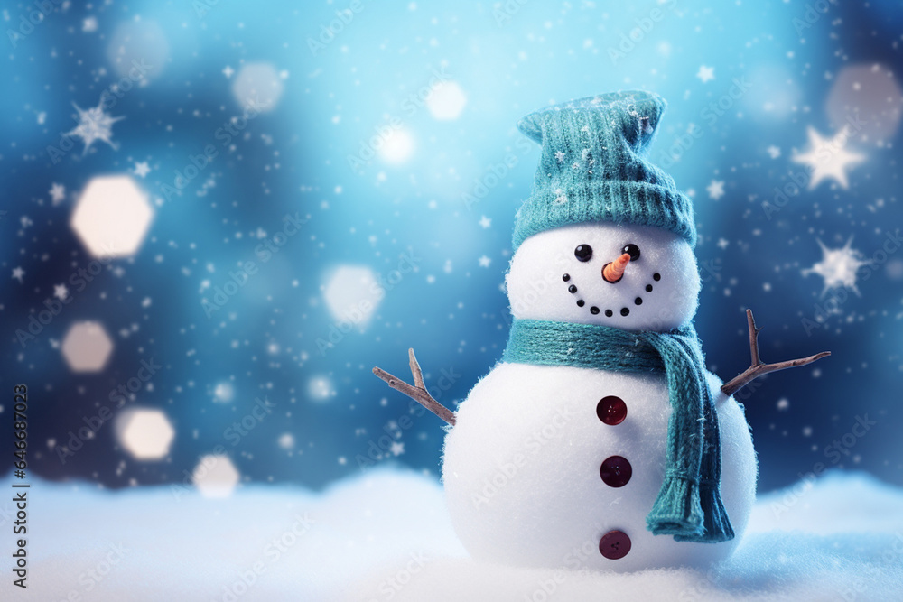 A cute snowman, wearing a knitted hat and scarf, smiles in a snowy landscape with a blurry winter pine woods background, featuring bokeh lights and a starry, glittering night sky. Generative AI.