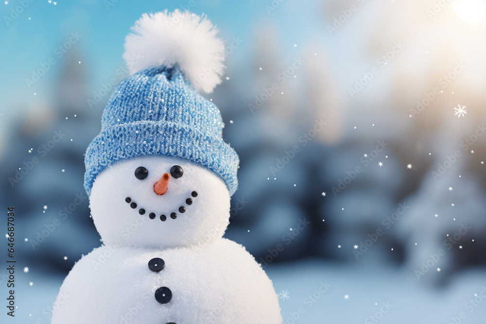 A cute snowman, wearing a knitted hat and scarf, smiles in a snowy landscape with a blurry winter pine woods background, featuring bokeh lights and a starry, glittering night sky. Generative AI.