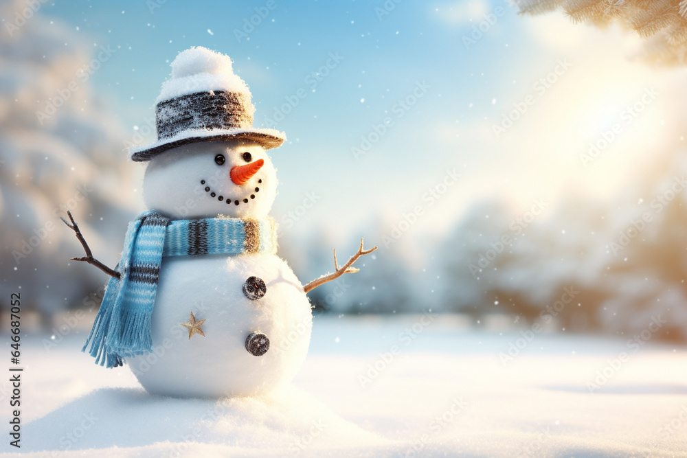 Obraz premium A cute snowman, wearing a knitted hat and scarf, smiles in a snowy landscape with a blurry winter pine woods background, featuring bokeh lights and a starry, glittering night sky. Generative AI.