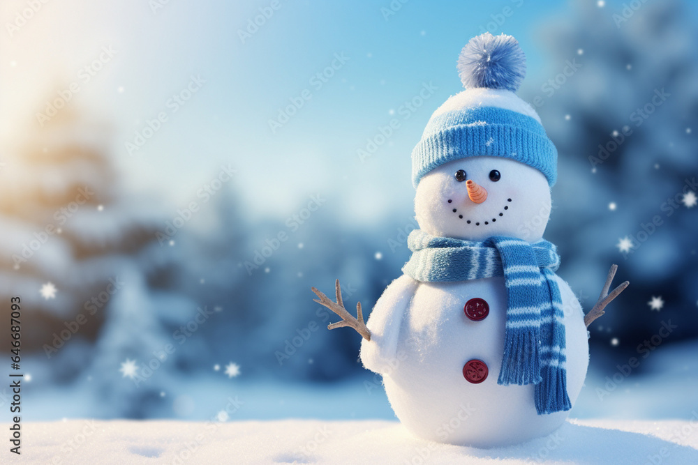 A cute snowman, wearing a knitted hat and scarf, smiles in a snowy landscape with a blurry winter pine woods background, featuring bokeh lights and a starry, glittering night sky. Generative AI. A cute snowman, wearing a knitted hat and scarf, smiles in a snowy landscape with a blurry winter pine woods background, featuring bokeh lights and a starry, glittering night sky. Generative AI.
